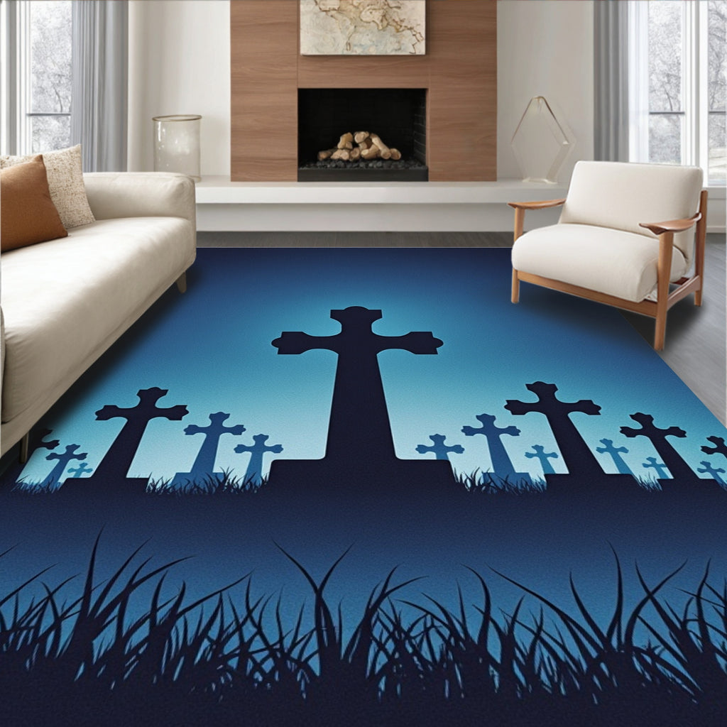 Midnight Blue Cemetery Cross Silhouette Rug