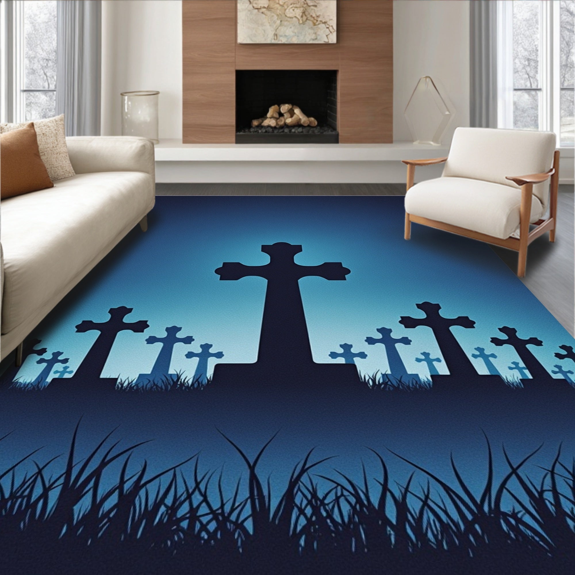 Midnight Blue Cemetery Cross Silhouette Rug