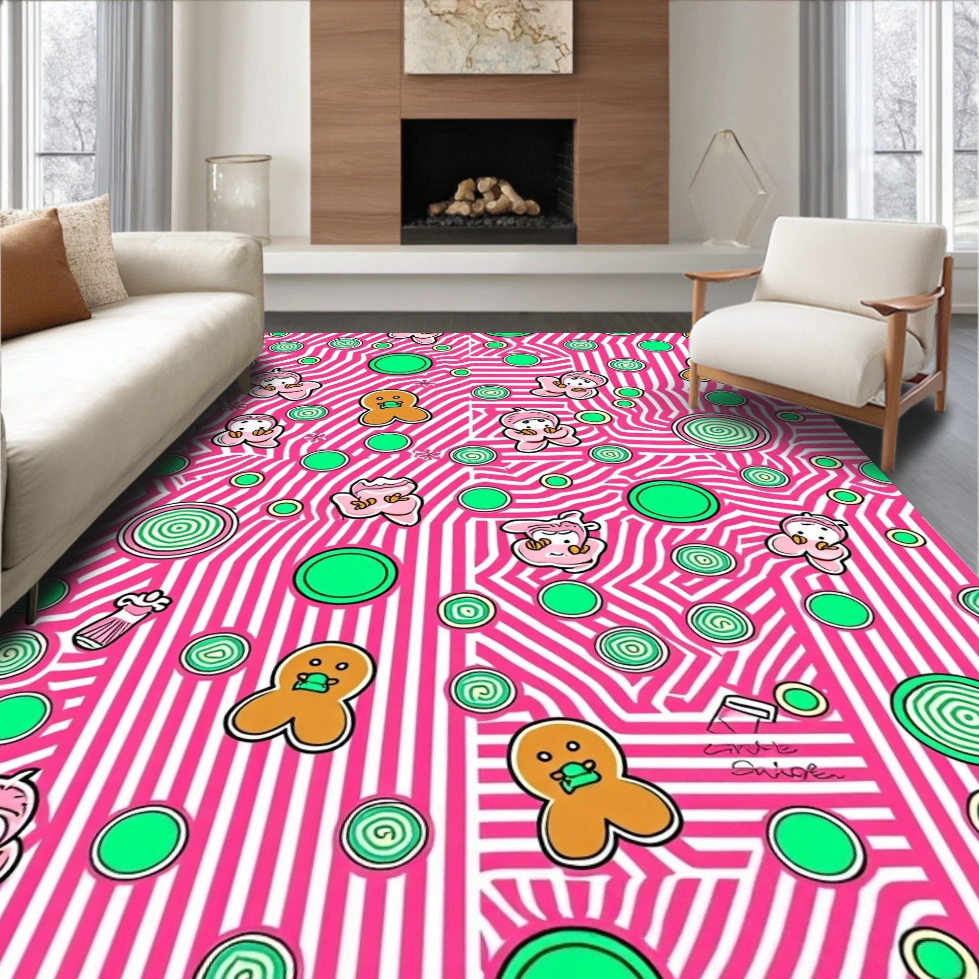 Pink Candy Character Whimsical Circles Rug