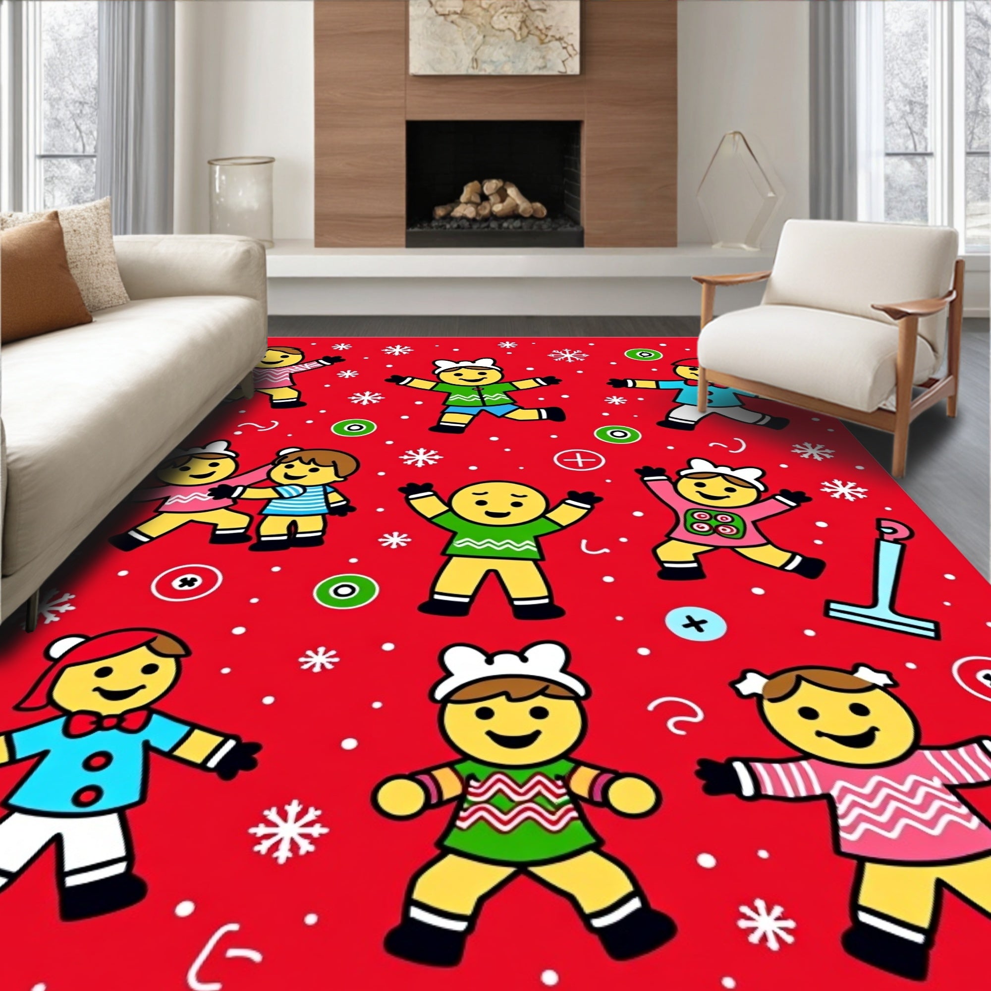Festive Red Gingerbread Friends Snowflakes Rug