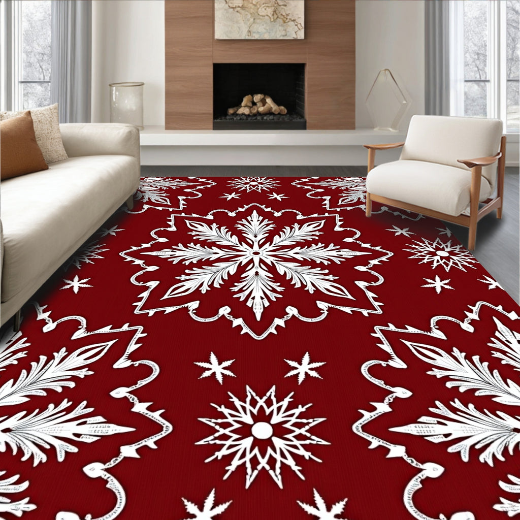 Festive White Snowflake Red Blanket Cover Rug