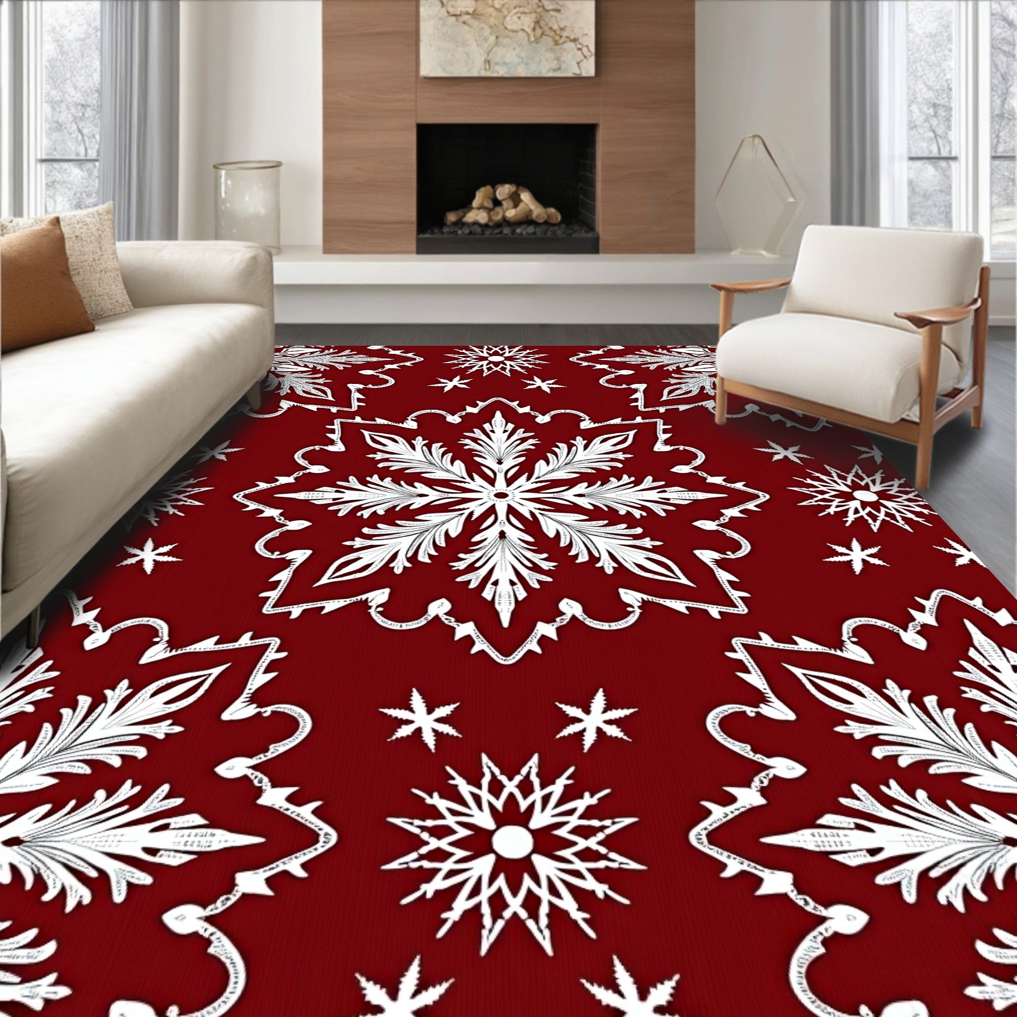 Festive White Snowflake Red Blanket Cover Rug