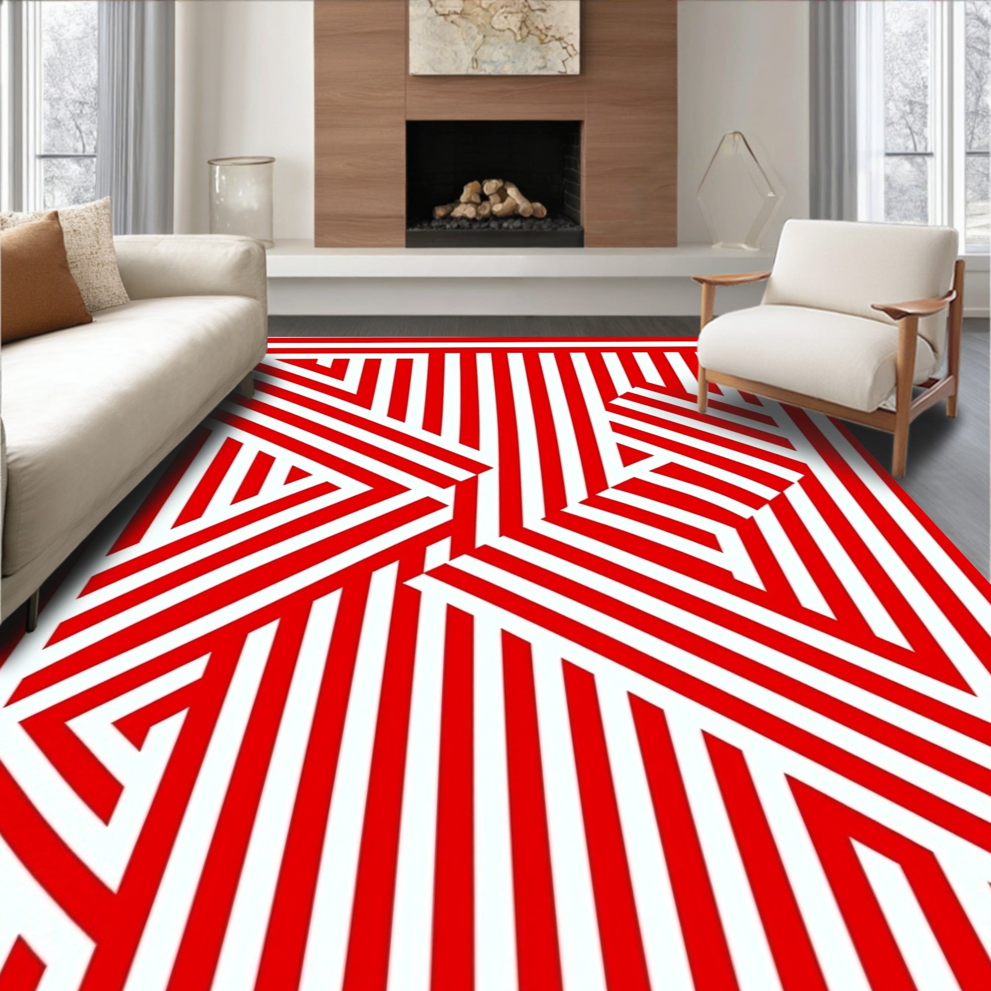 Bold Red White Geometric Maze Rug