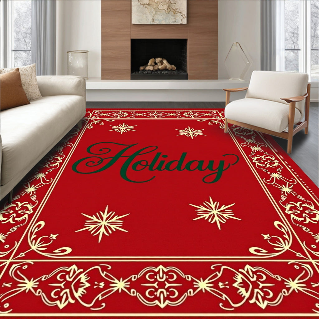 Red Gold Snowflake Holiday Scroll Rug