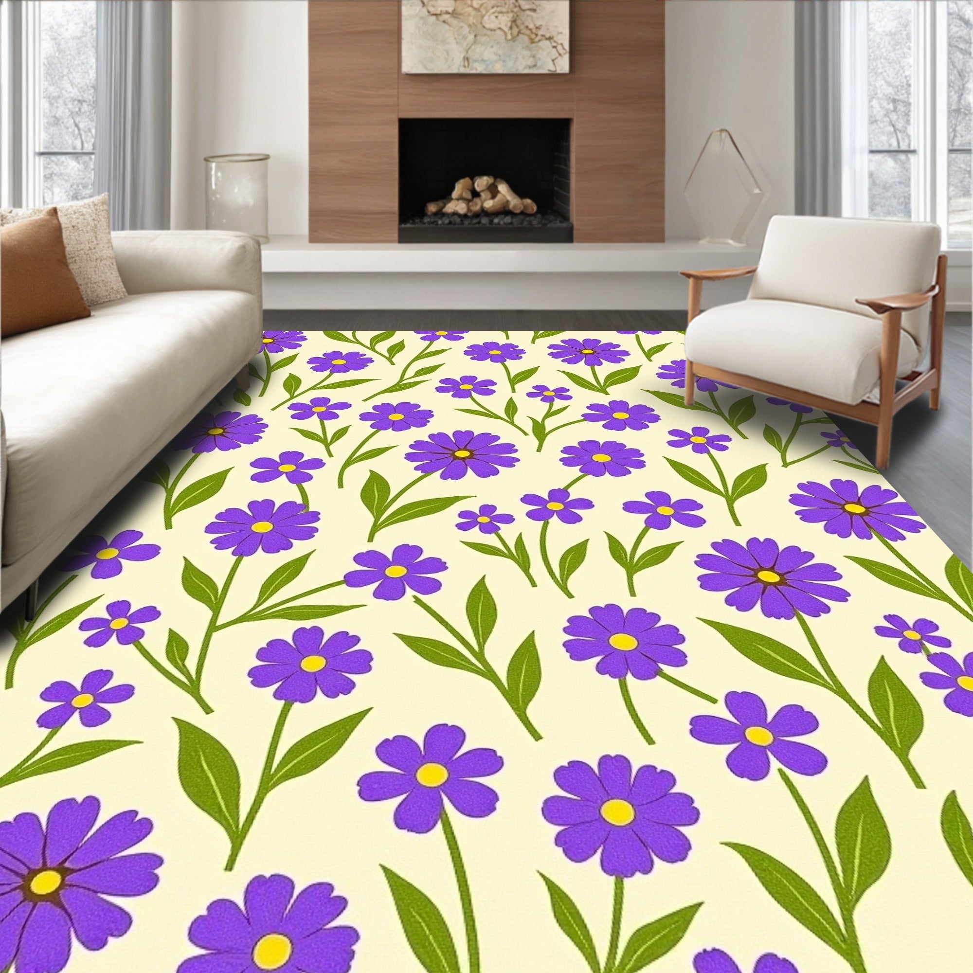 Purple Daisy Floral Meadow Rug