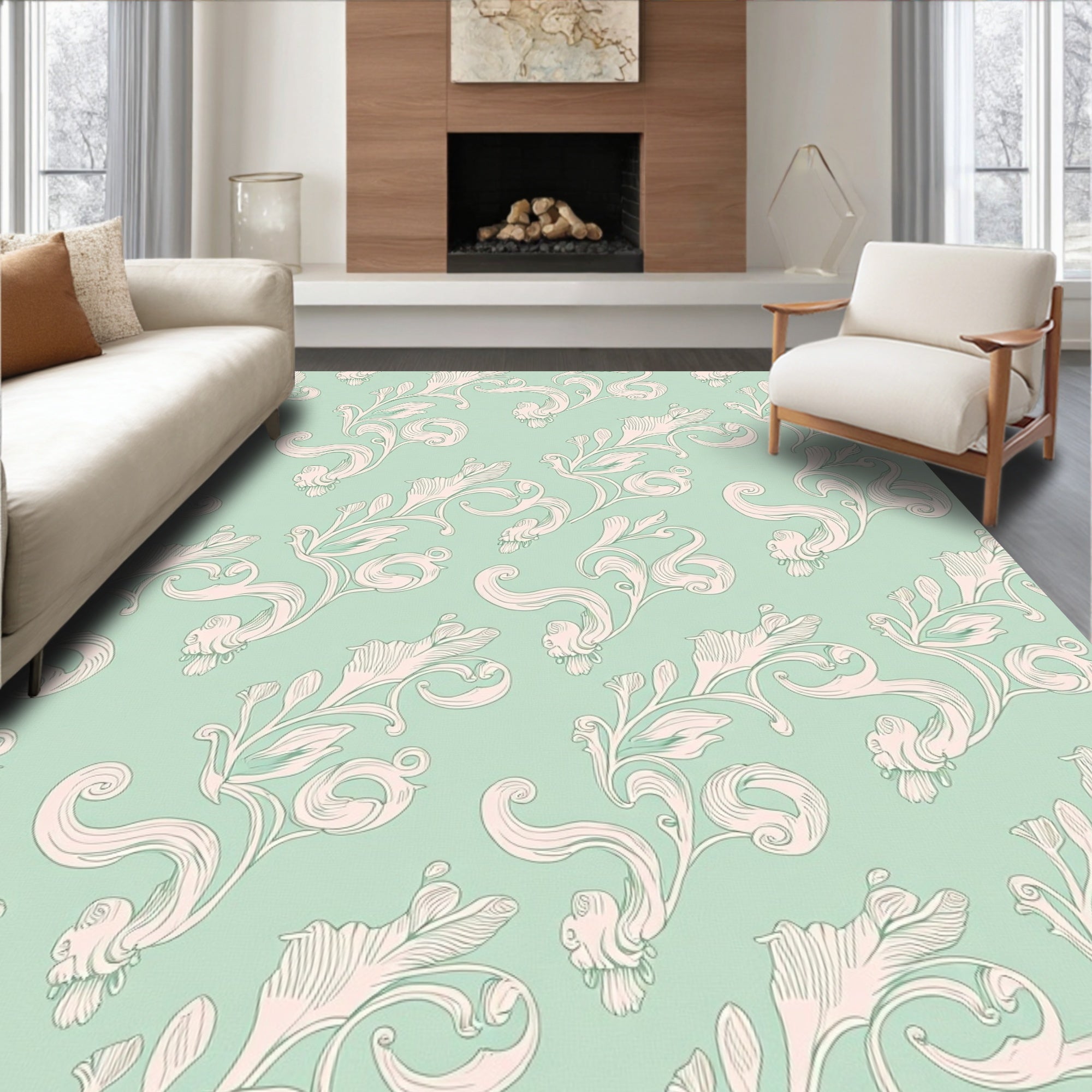 Pale Mint Scrollwork Floral Rug