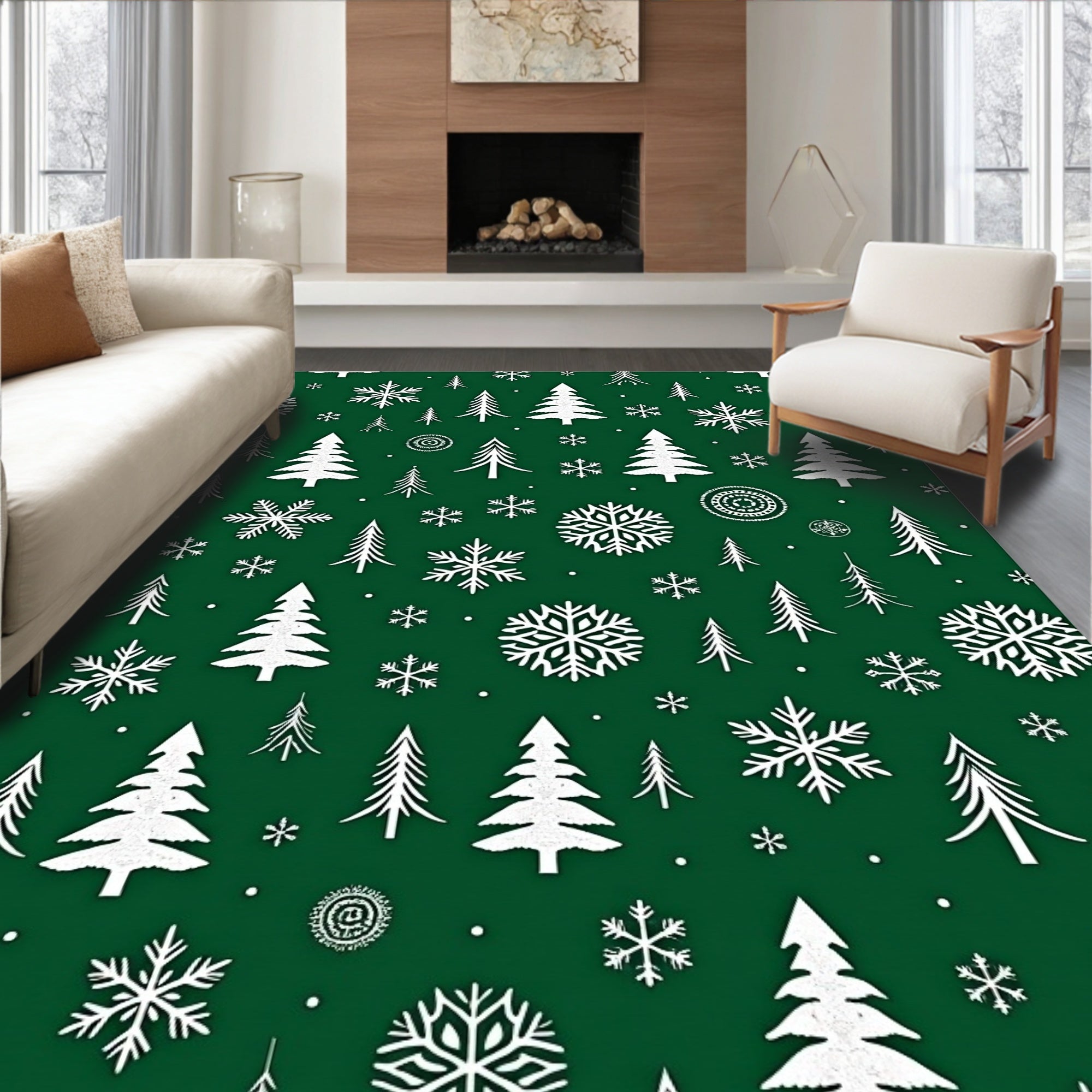 Festive Evergreen Snowflakes Trees Garland Rug