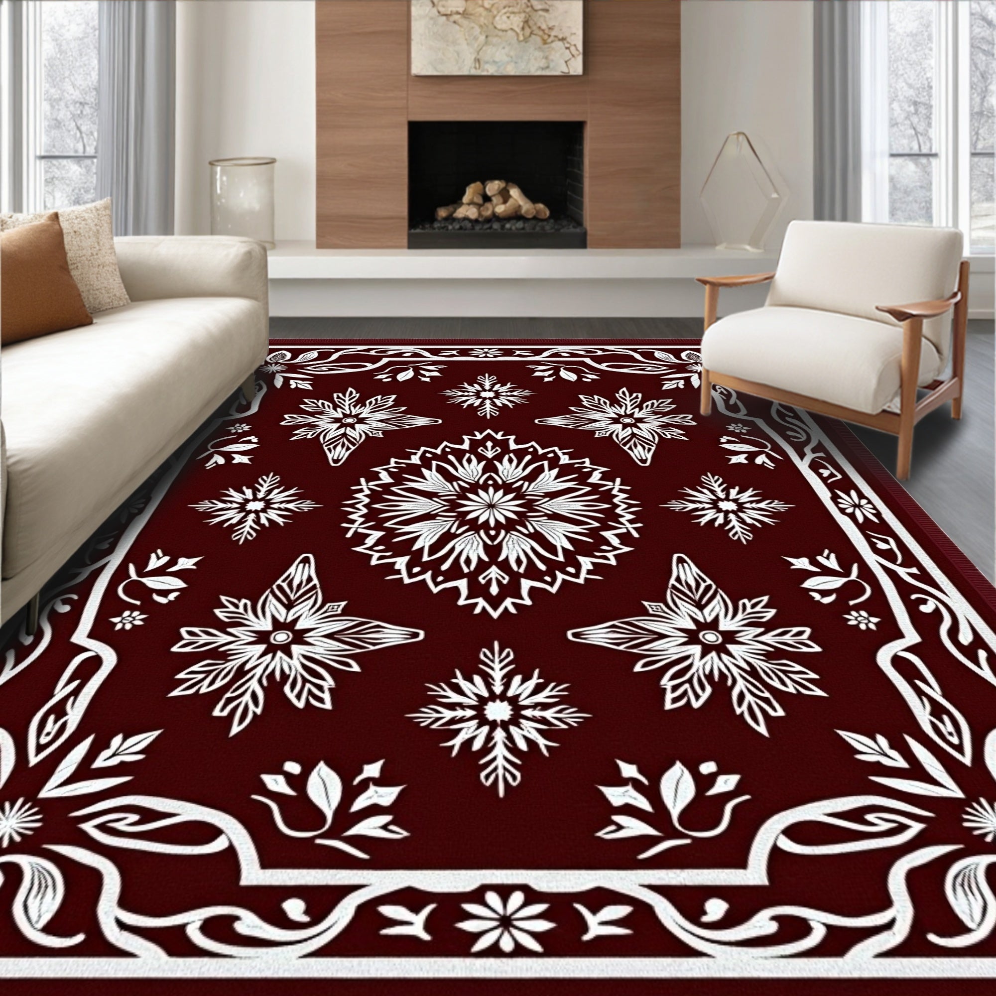 Crimson White Floral Mandala Medallion Rug