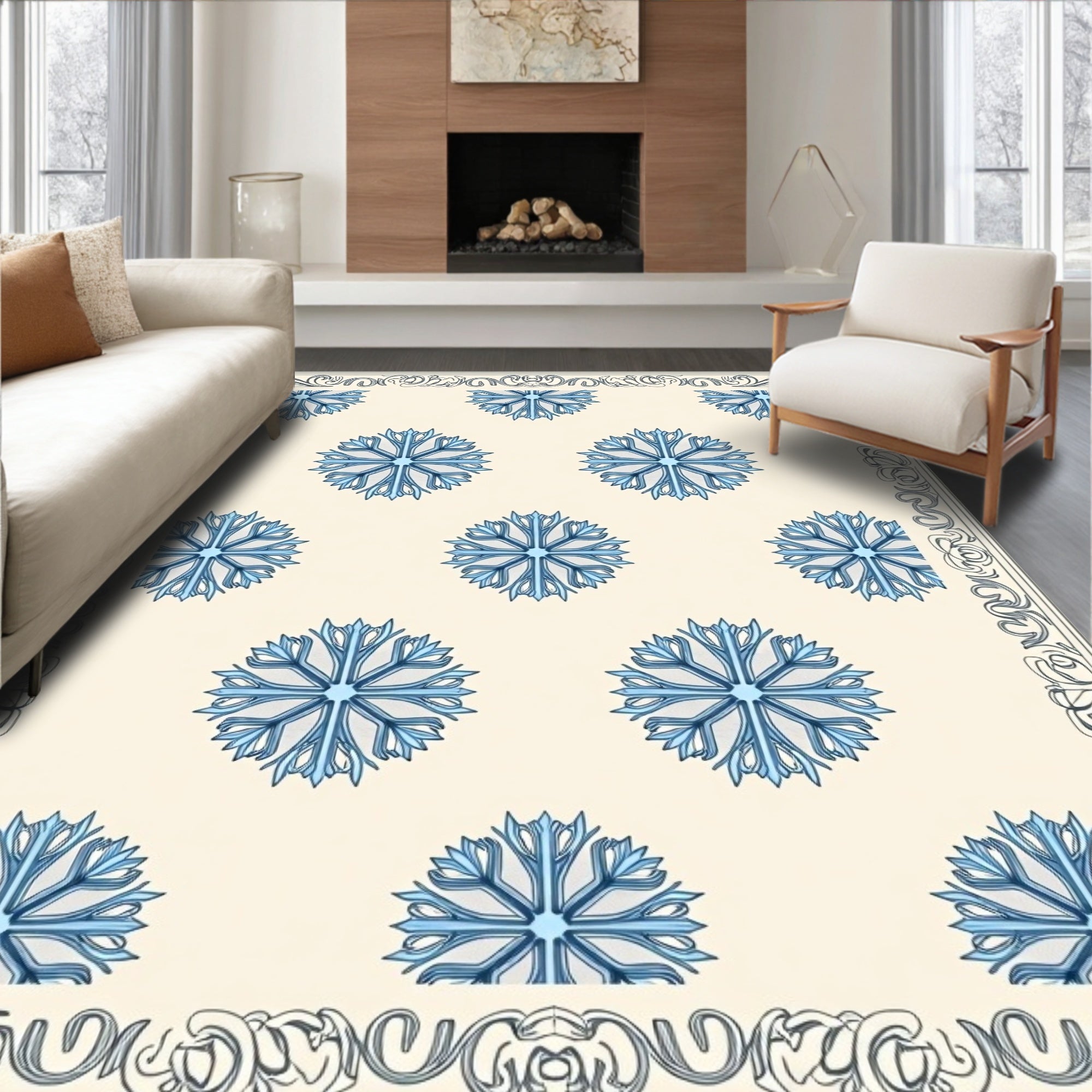 Pale Blue Snowflake Arabesque Border Rug