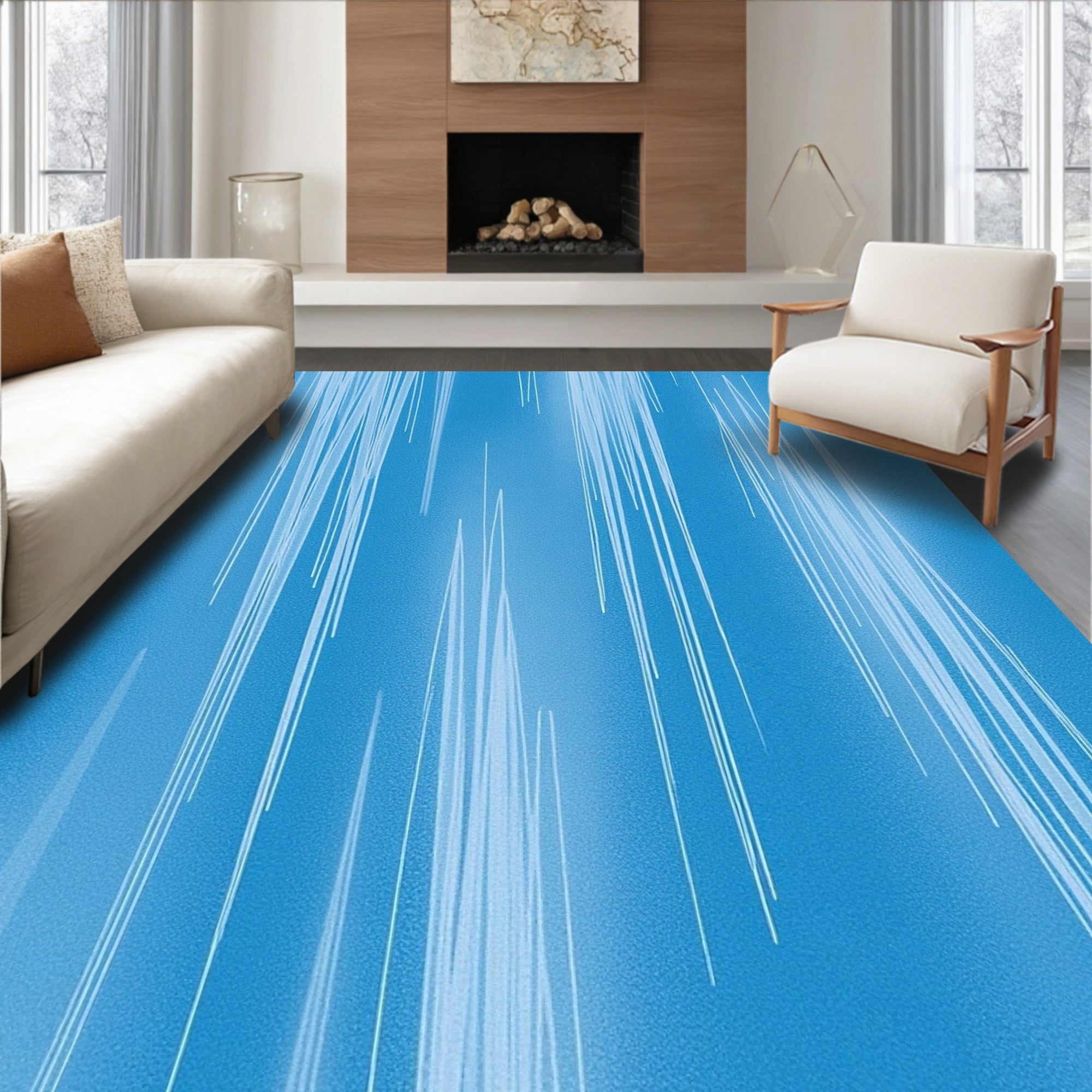 Bright Blue White Abstract Linear Rug