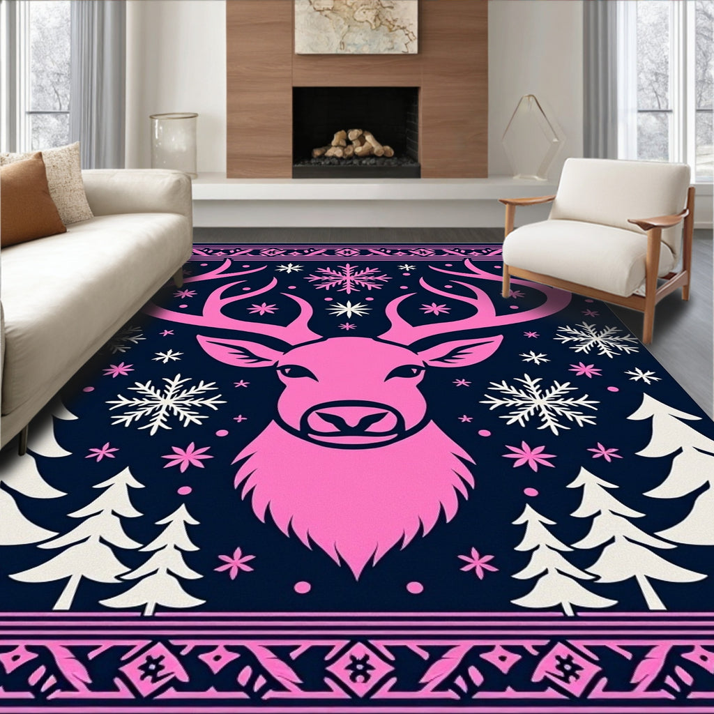 Pink Deer Snowflakes Forest Border Rug