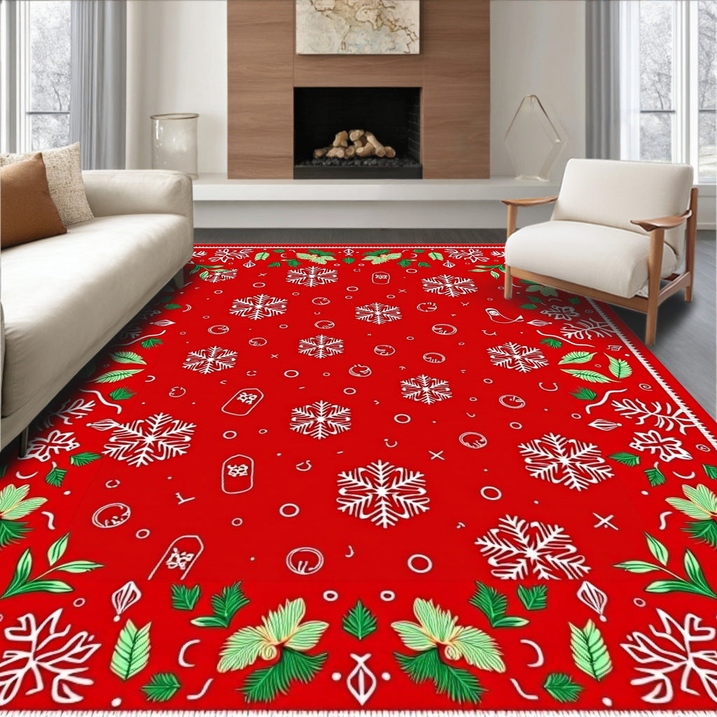 Festive Red Snowflake Holly Border Rug