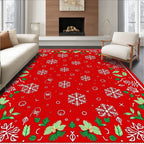 Festive Red Snowflake Holly Border Rug