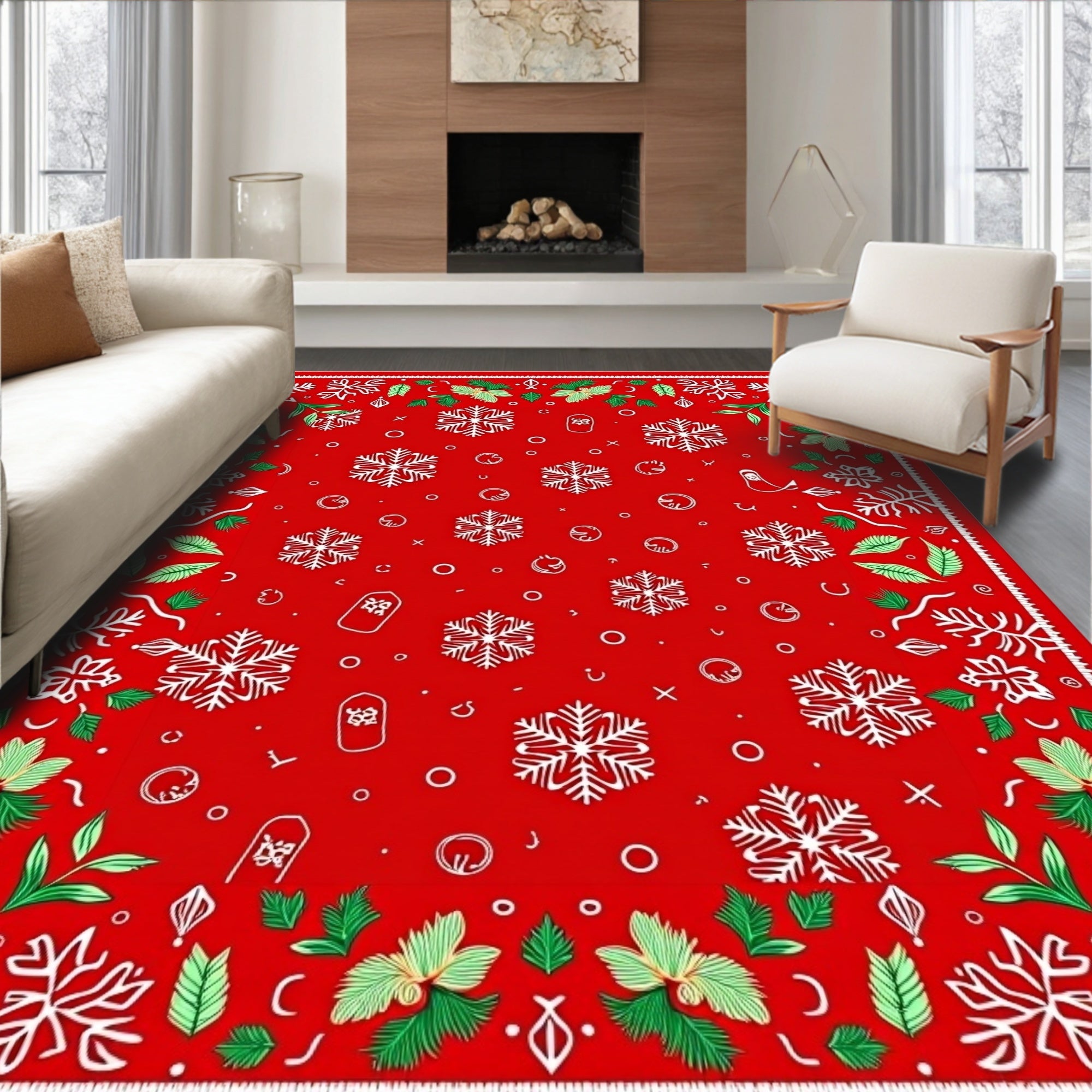 Festive Red Snowflake Holly Border Rug