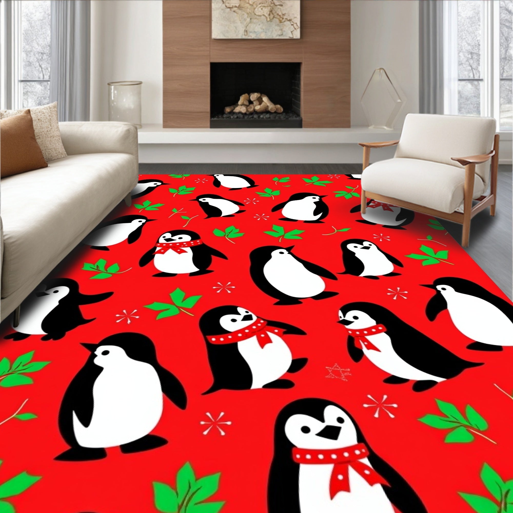 Festive Red Penguin Scatterground Rug