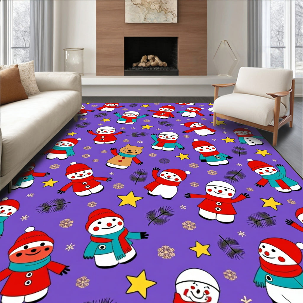 Whimsical Snowmen Yellow Star Christmas Rug