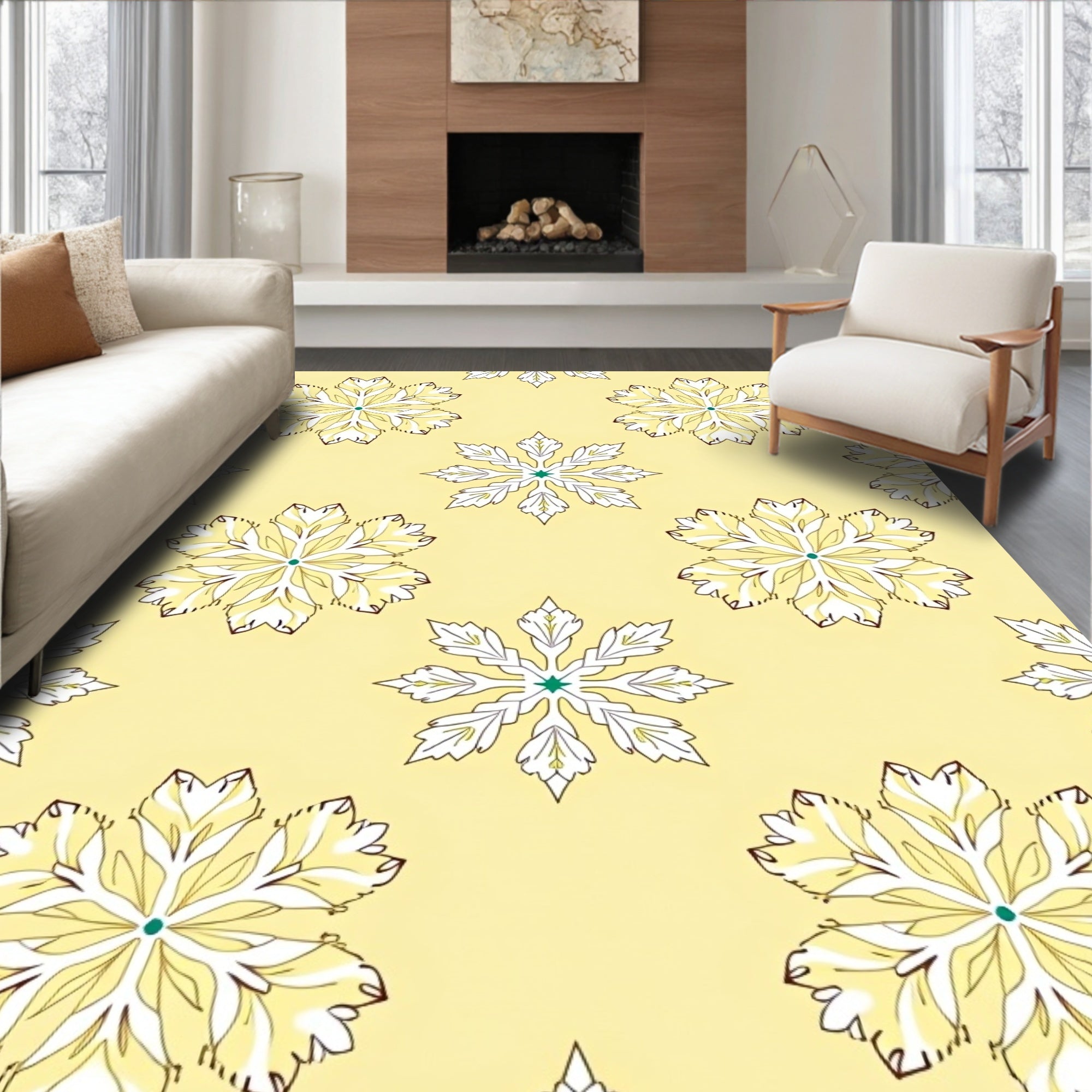 Pale Yellow Floral Snowflake Rug