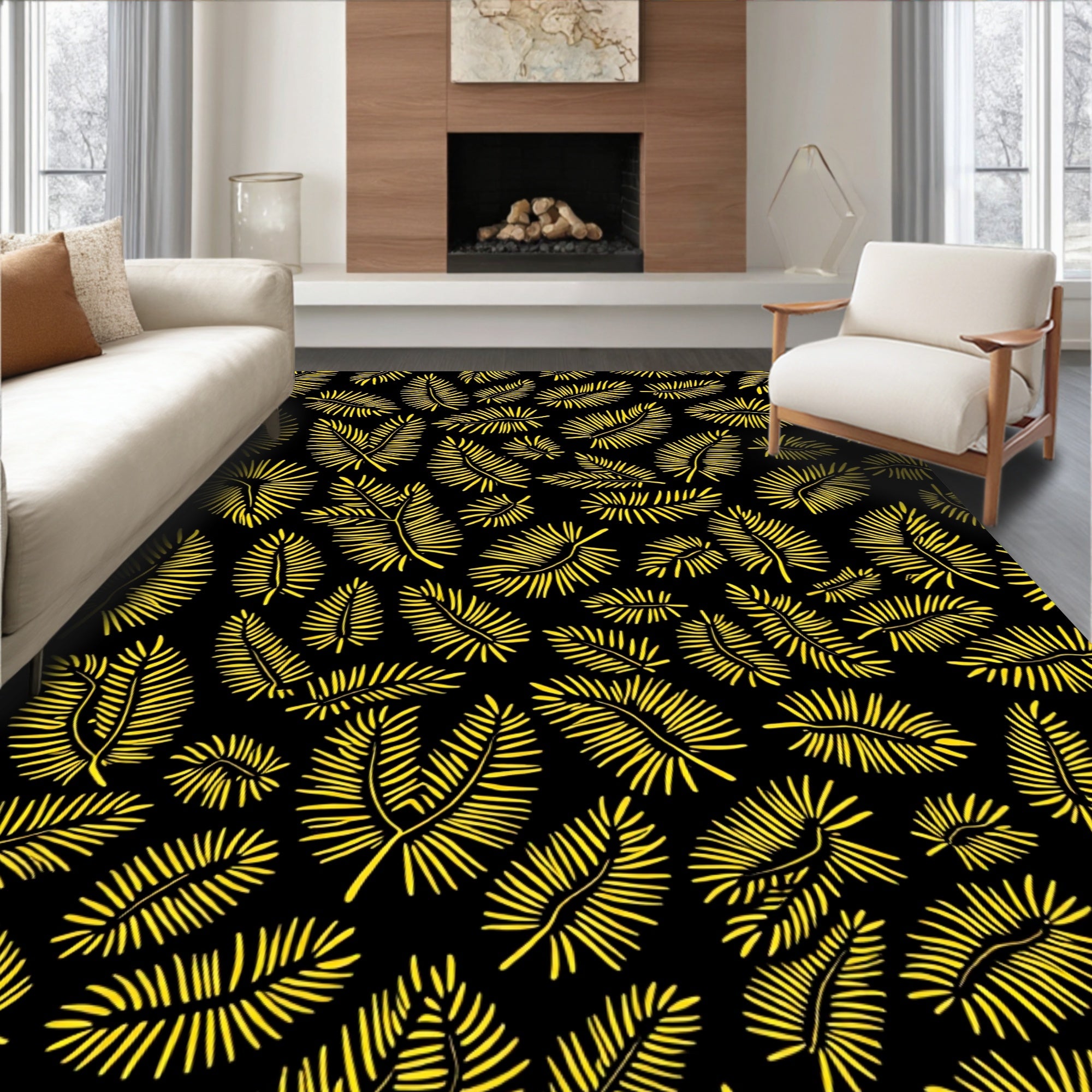 Sunny Yellow Palm Fronds Pattern Rug