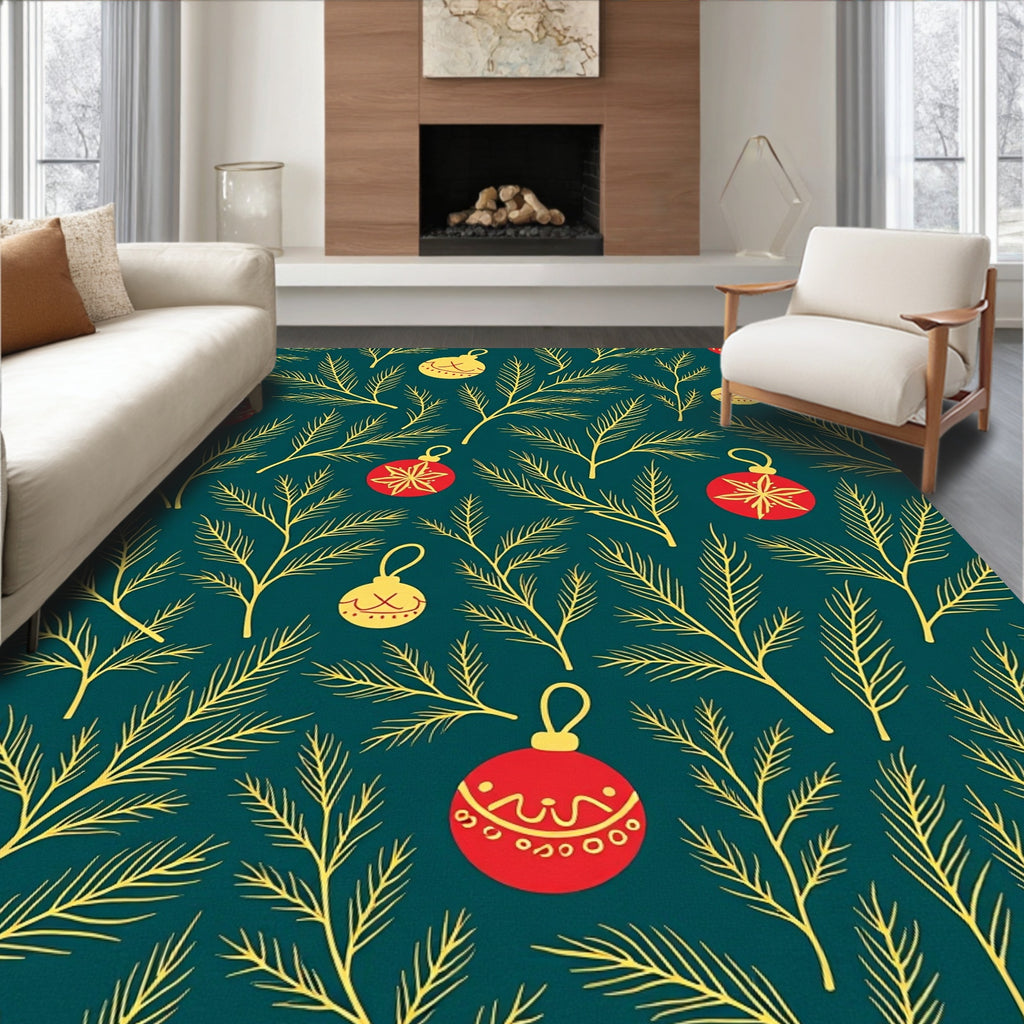 Teal Pine Sprigs Red Ornaments Rug