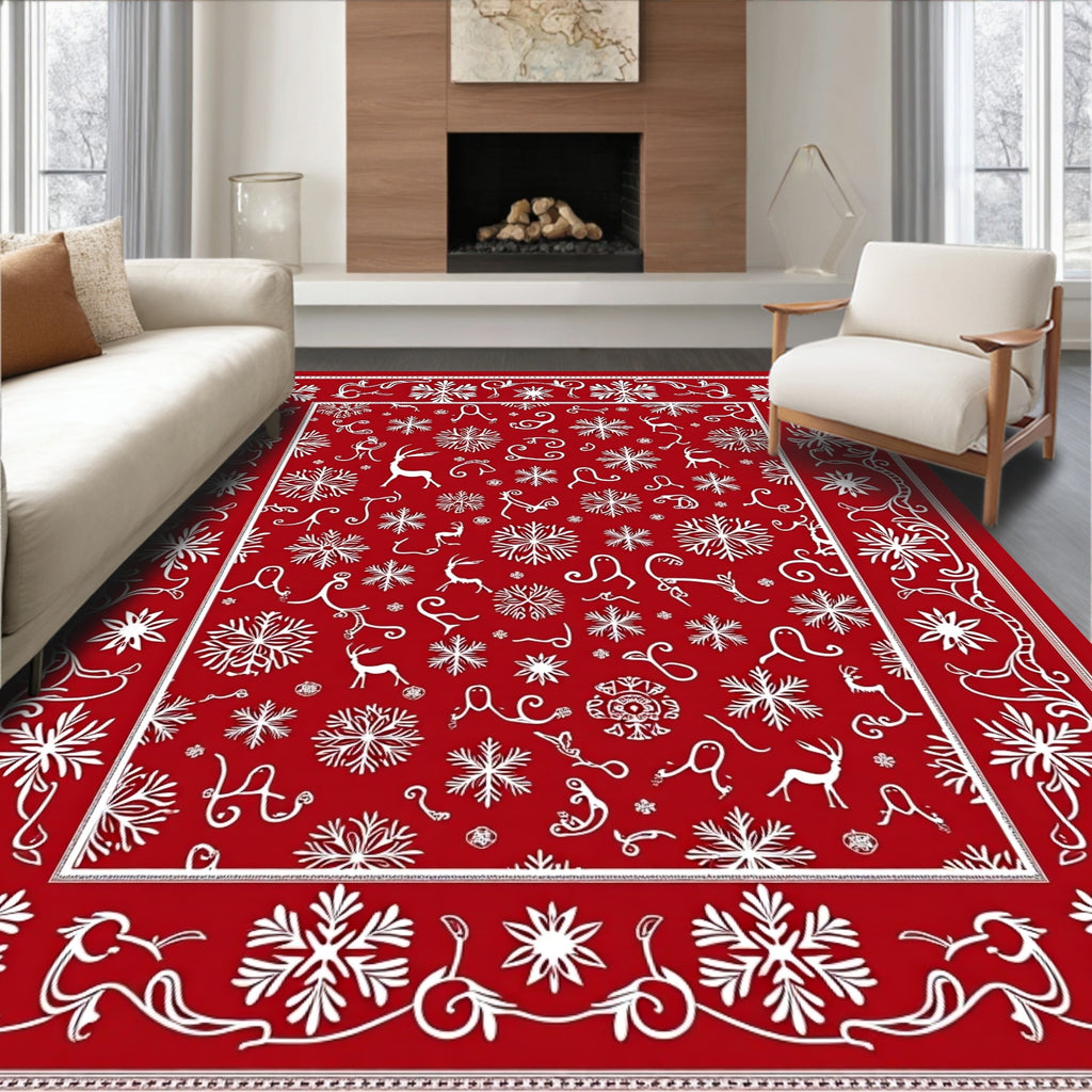 Red White Snowflake Reindeer Winter Border Rug