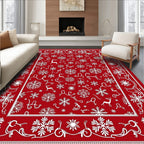 Red White Snowflake Reindeer Winter Border Rug