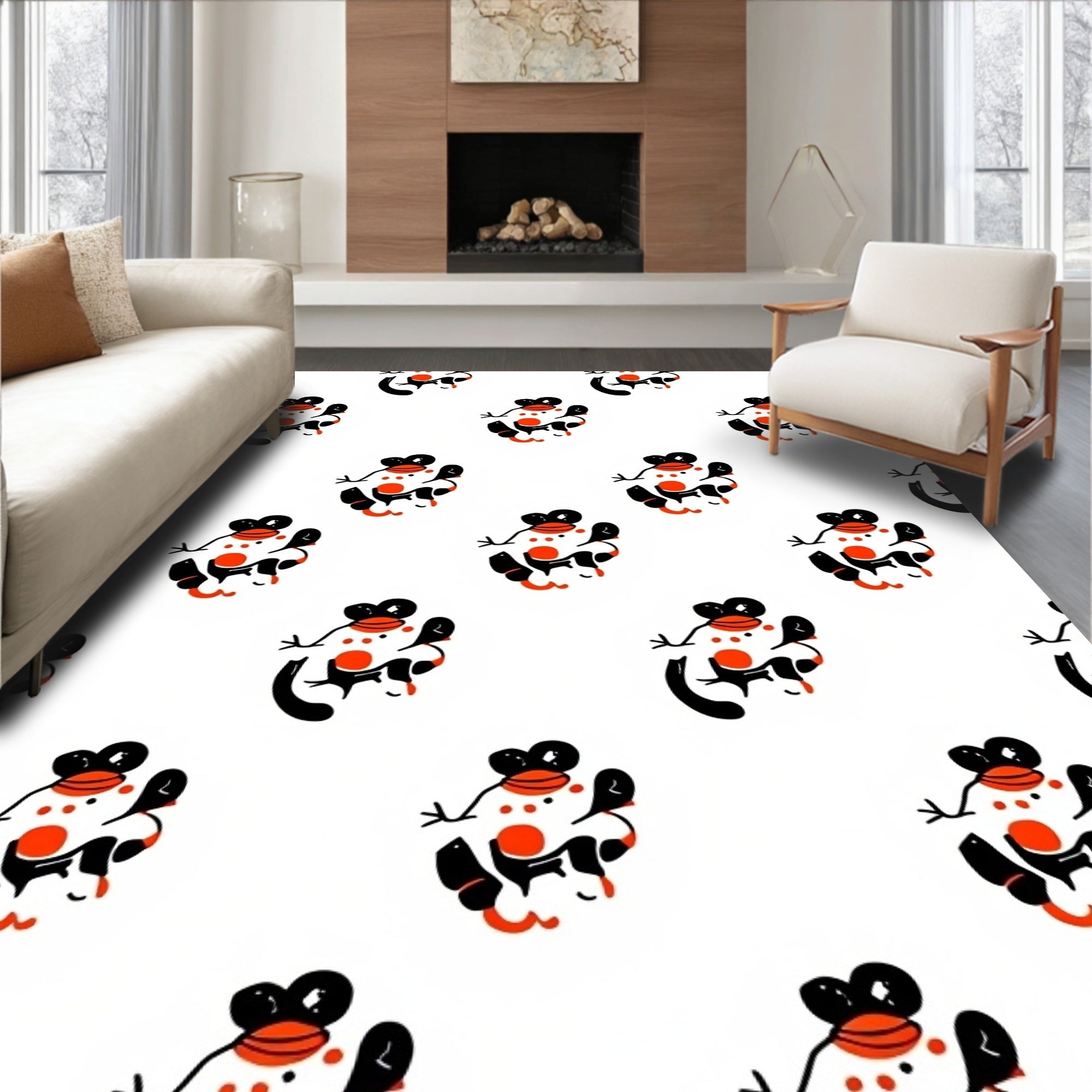 Playful Orange Red Black Characters Rug
