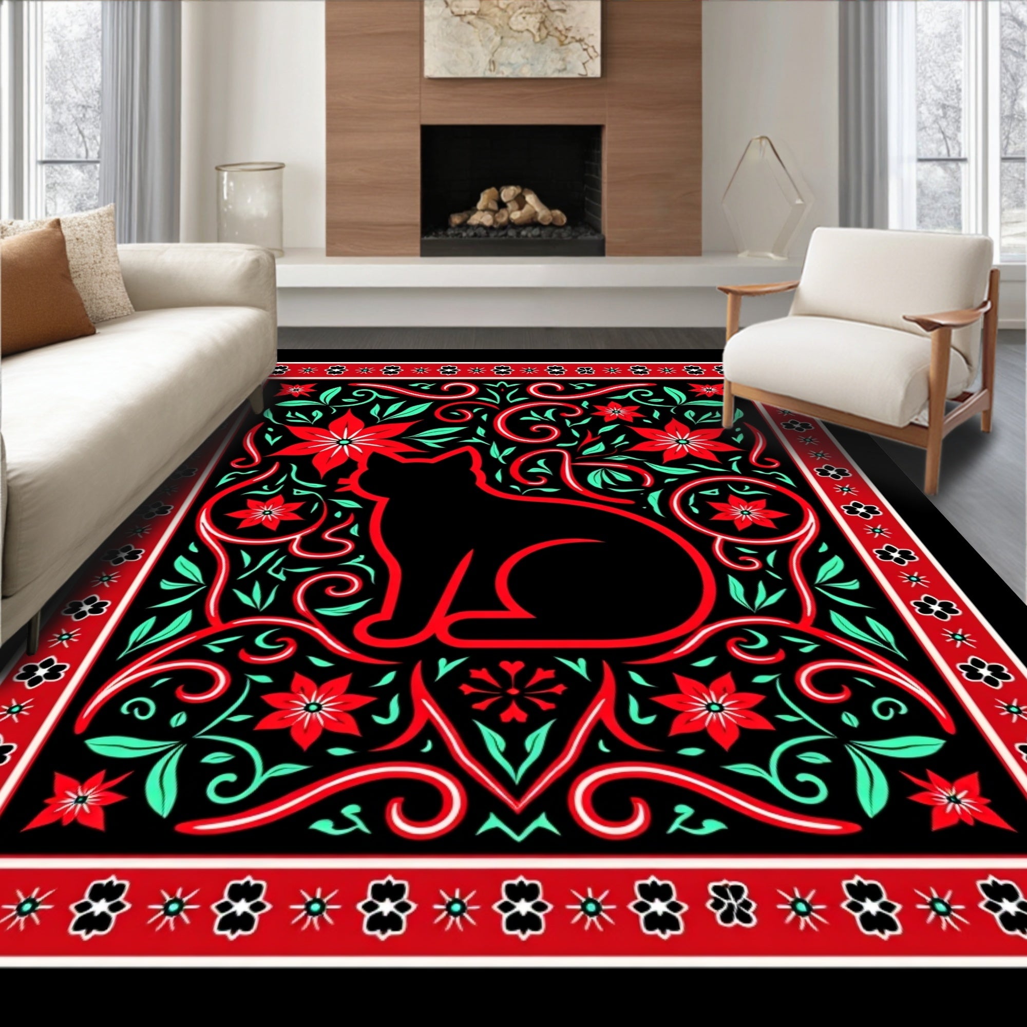 Black Cat Red Floral Whimsical Art Rug