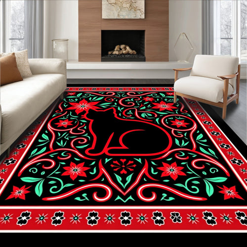 Black Cat Red Floral Whimsical Art Rug