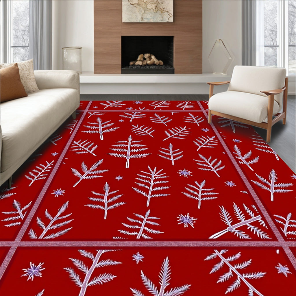 Crimson White Foliage Snowflakes Rug