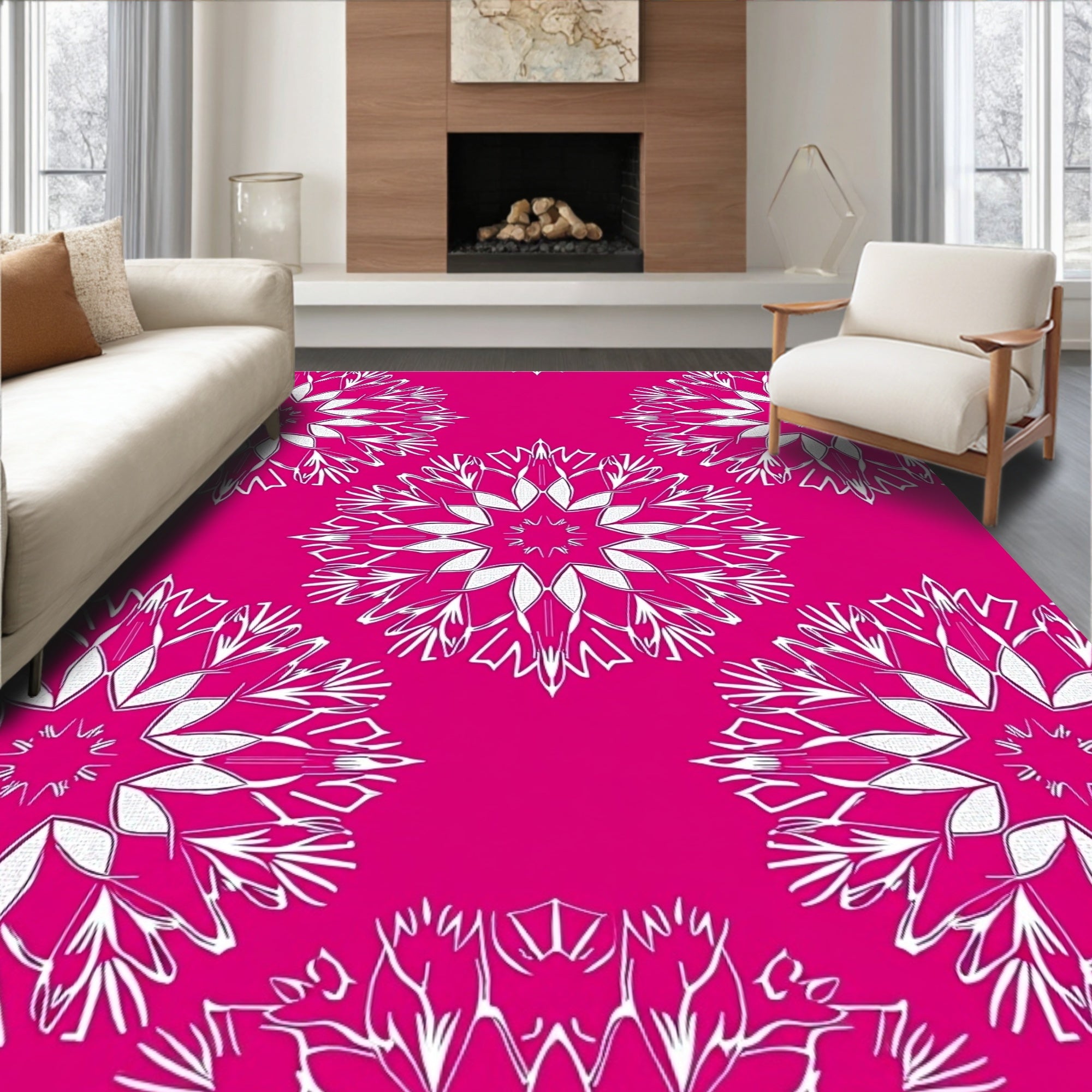 Fuchsia White Starburst Mandala Rug