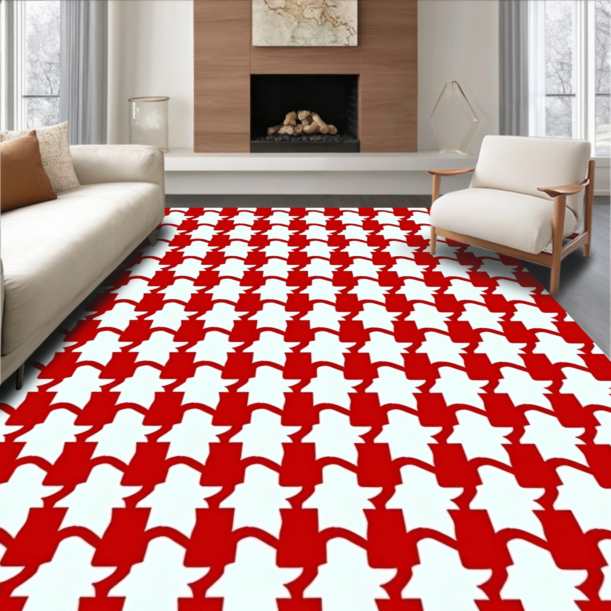 Classic Red Houndstooth Checkered Rug
