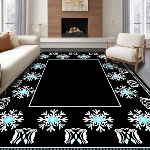 Black White Aqua Snowflake Frame Rug