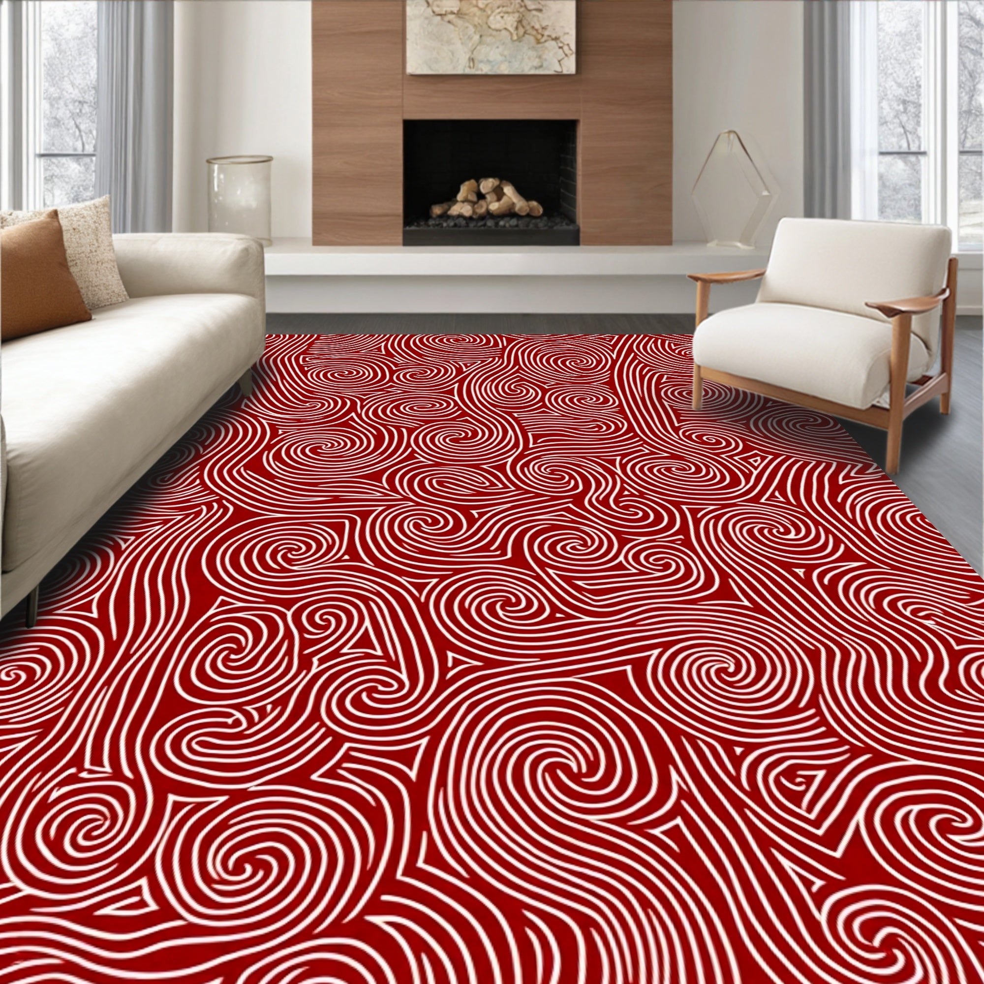 Crimson Swirl Abstract Curves Rug