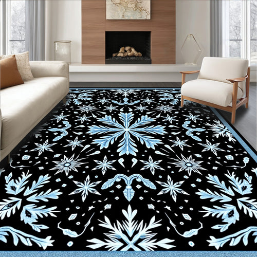 Black White Blue Symmetric Snowflakes Rug