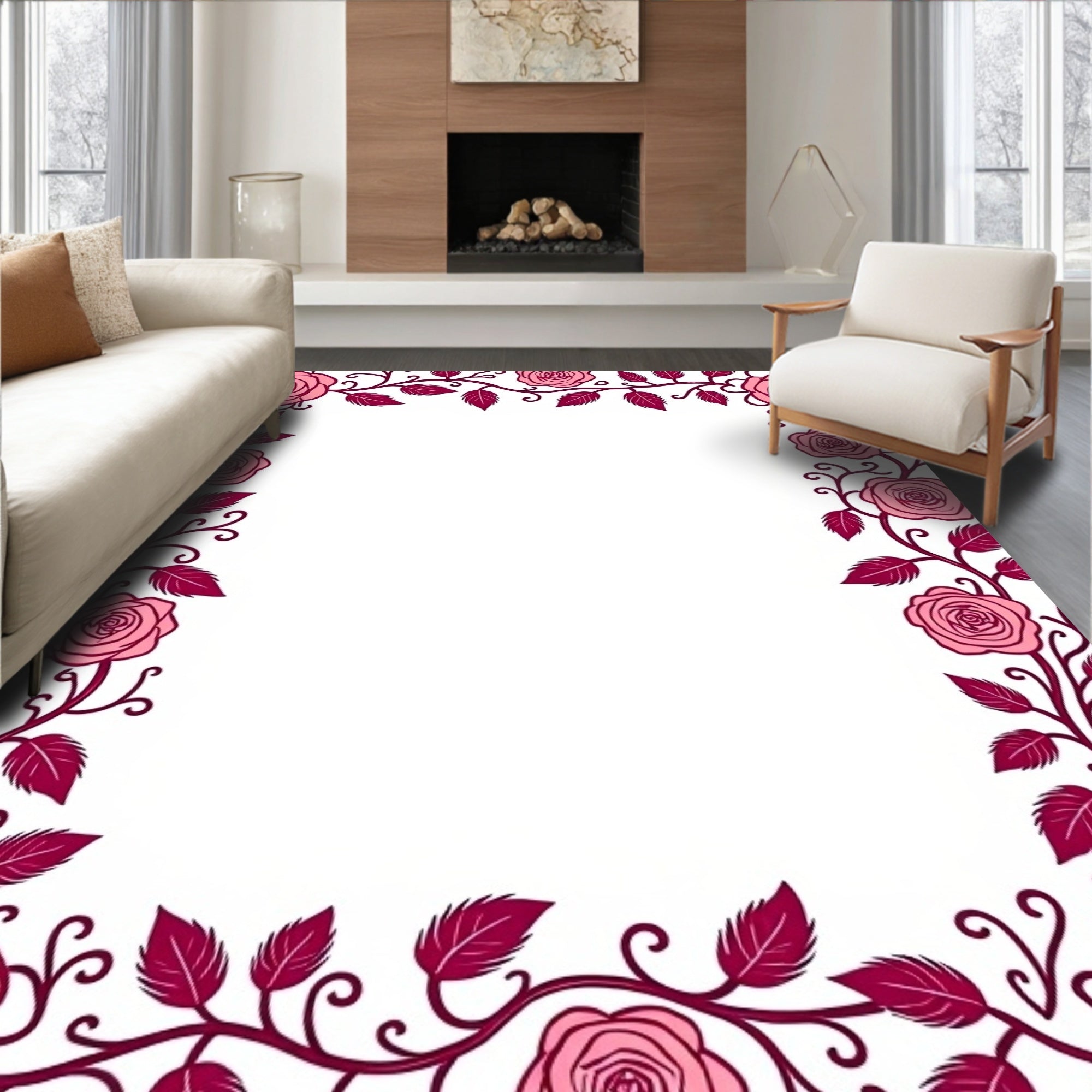 Pink Rose Garland Border Rug