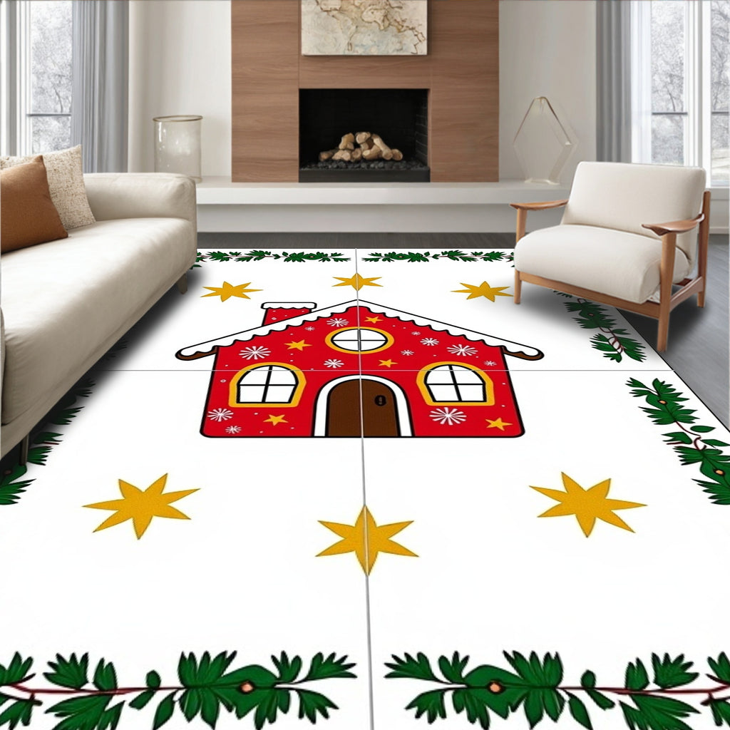 Red Gingerbread House Stars Evergreen Border Rug