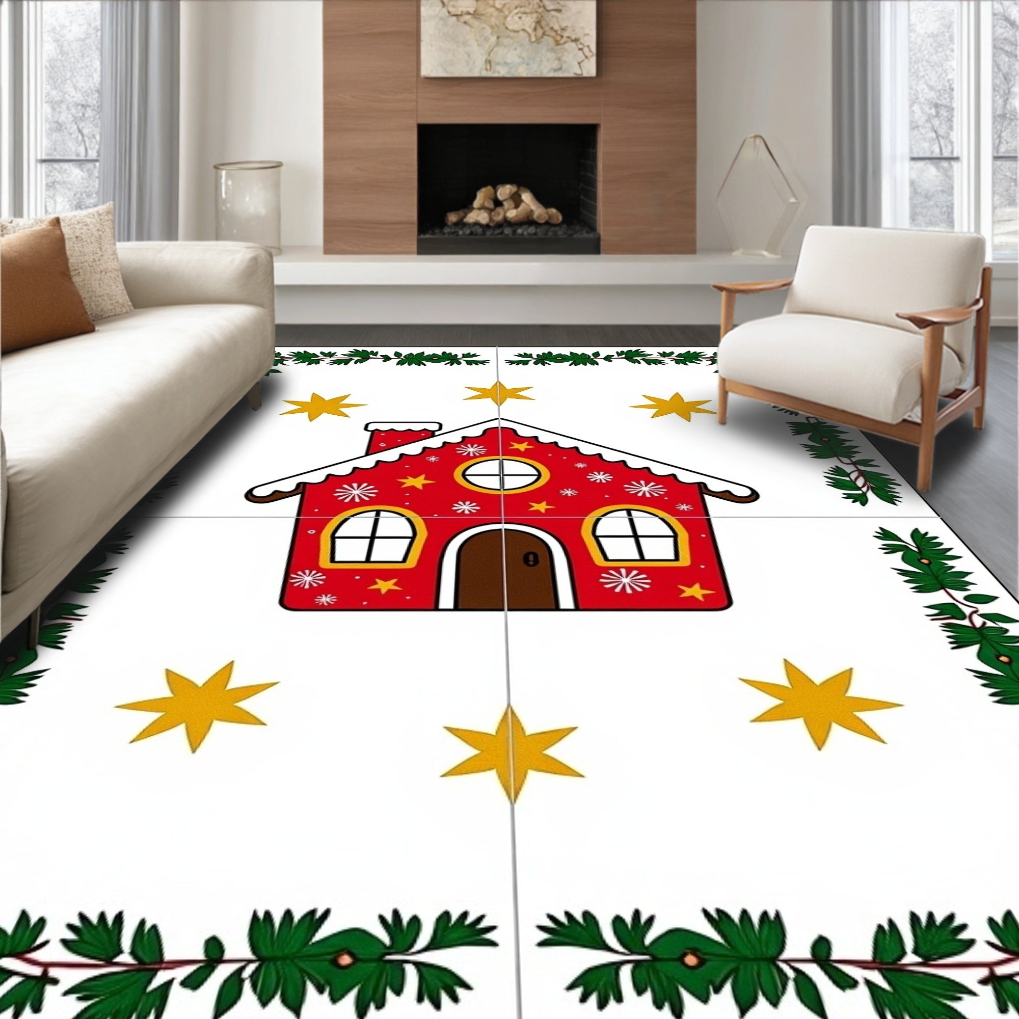 Red Gingerbread House Stars Evergreen Border Rug