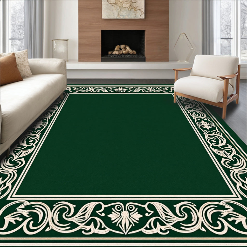 Dark Green Cream Floral Border Rug