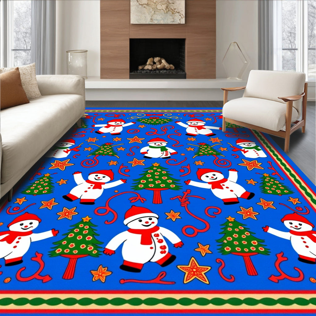 Festive Blue Snowman Christmas Tree Rag Rug