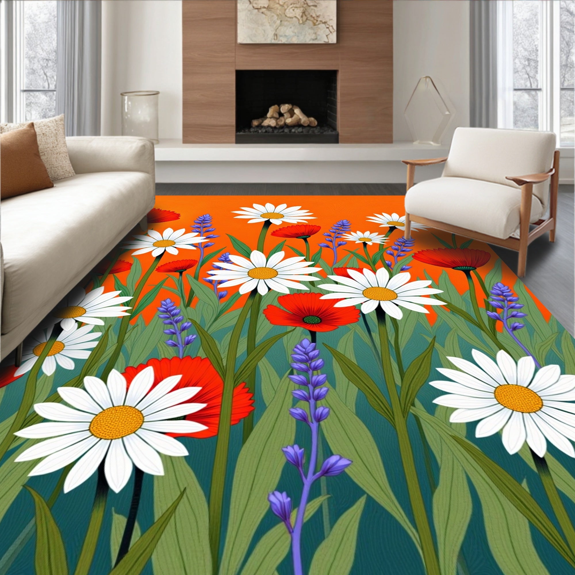 Vibrant Red Daisy Lavender Meadow Rug