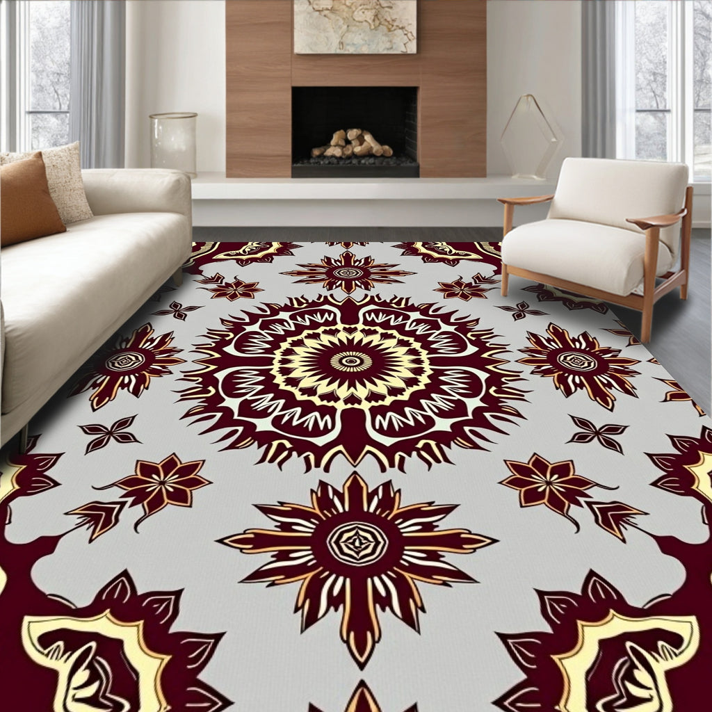 Crimson Golden Sunburst Mandala Repeating Rug