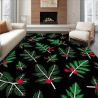Green Fir Sprigs Red Berries Black Rug