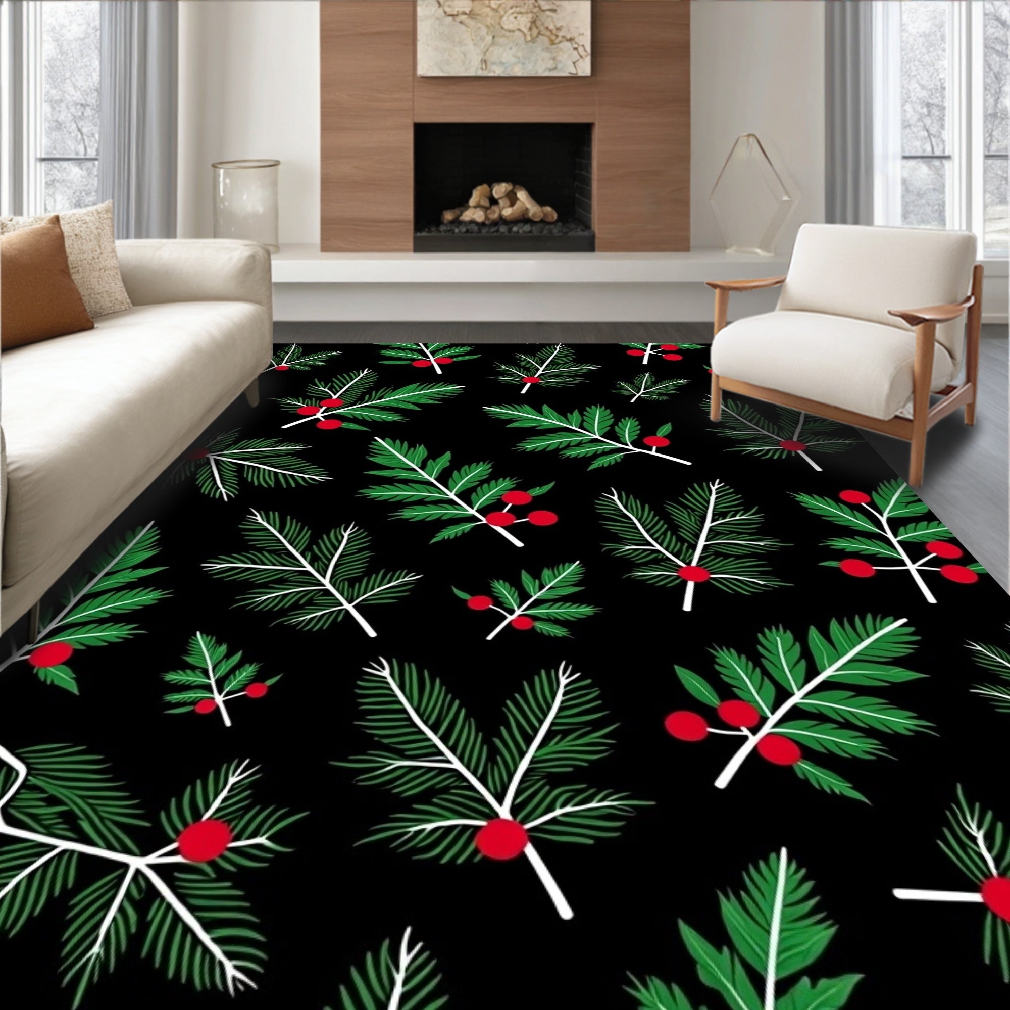 Green Fir Sprigs Red Berries Black Rug