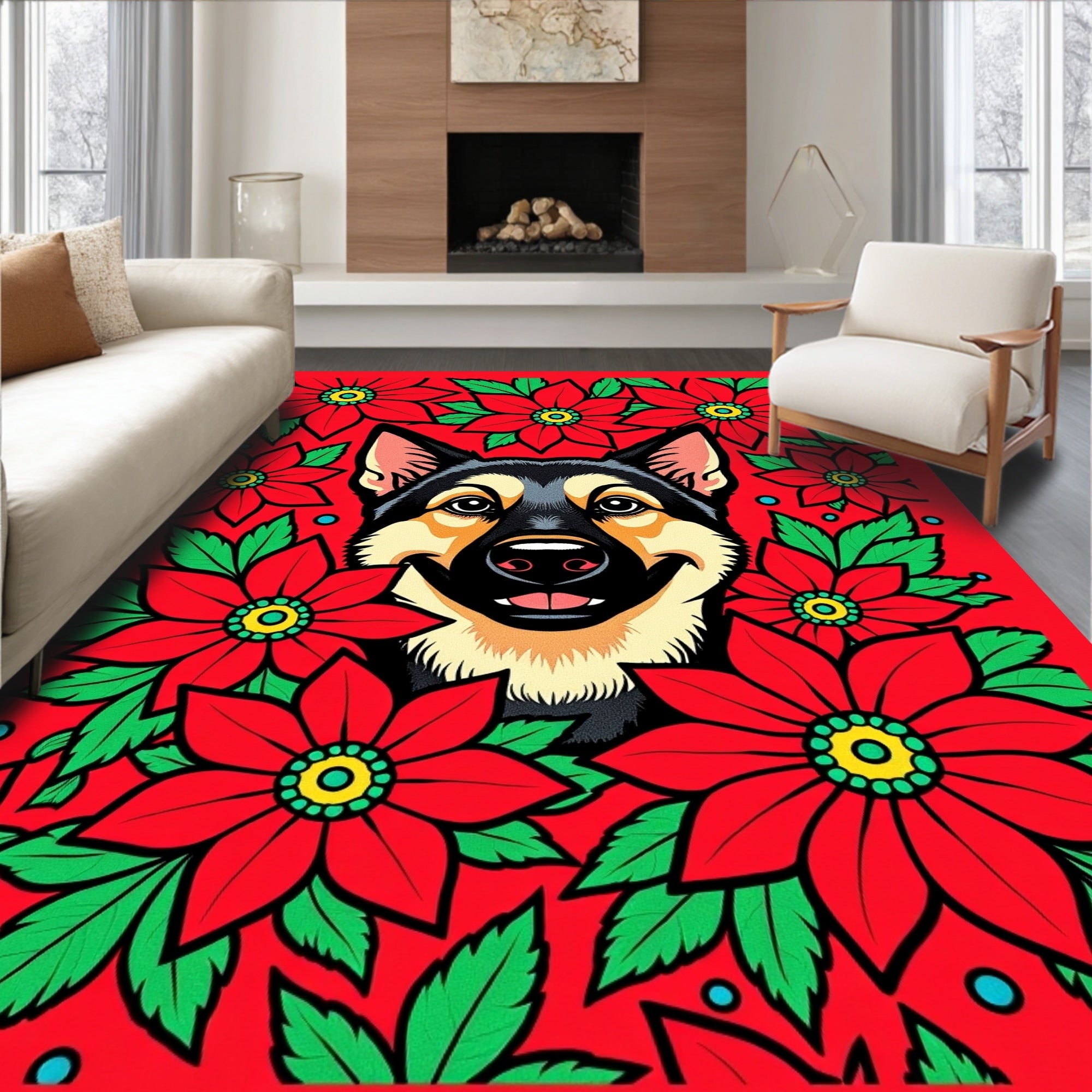 Bold Red Poinsettia Dog Portrait Rug