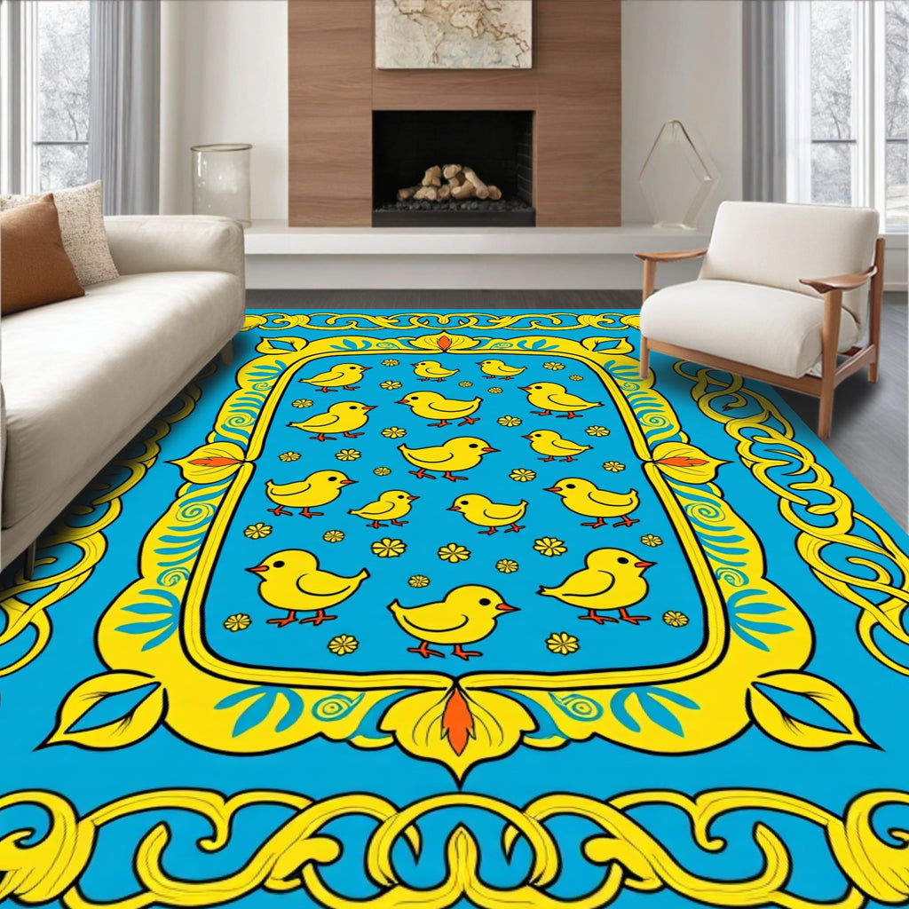 Bright Yellow Chickens Blue Floral Border Rug