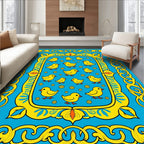 Bright Yellow Chickens Blue Floral Border Rug