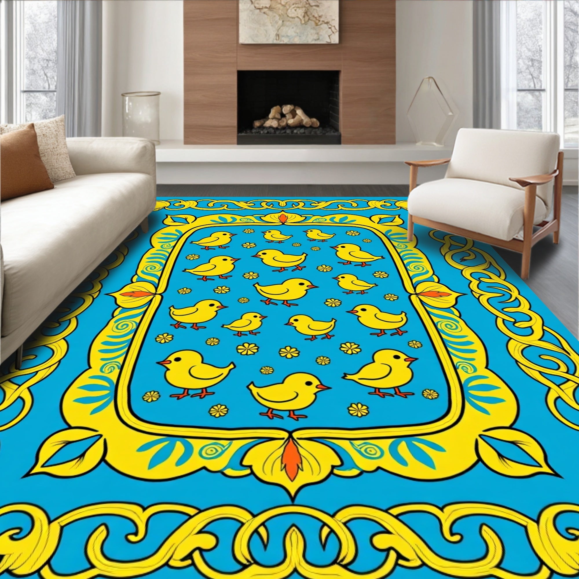 Bright Yellow Chickens Blue Floral Border Rug