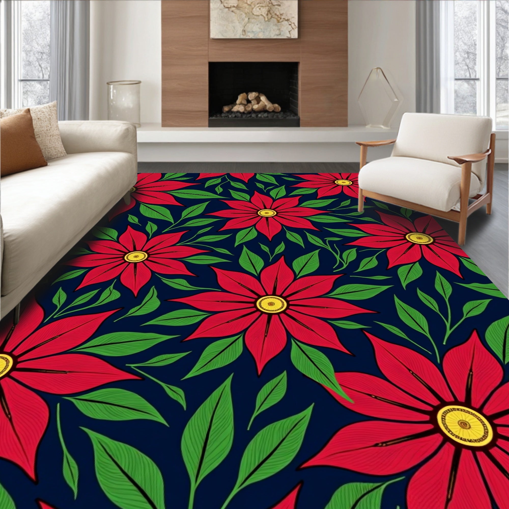 Crimson Floral Vine Navy Backyard Accent Rug
