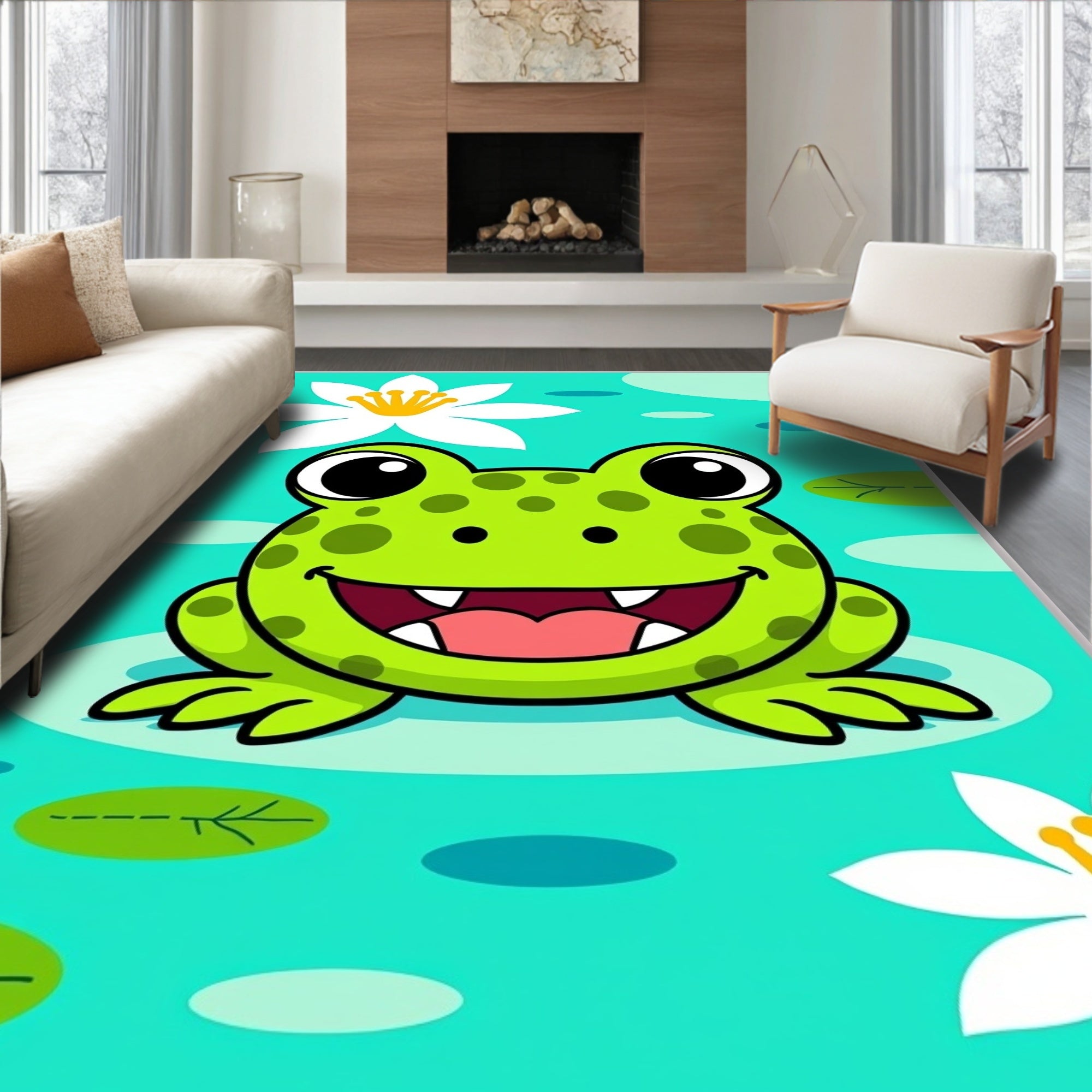 Cute Green Frog Lily Pad Pond Rug