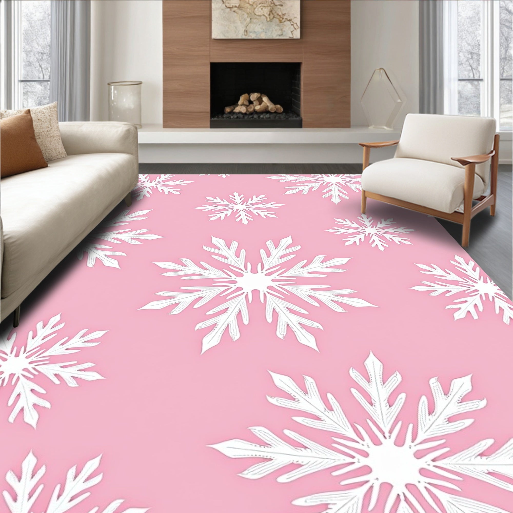 Winter White Snowflake Pastel Pink Rug